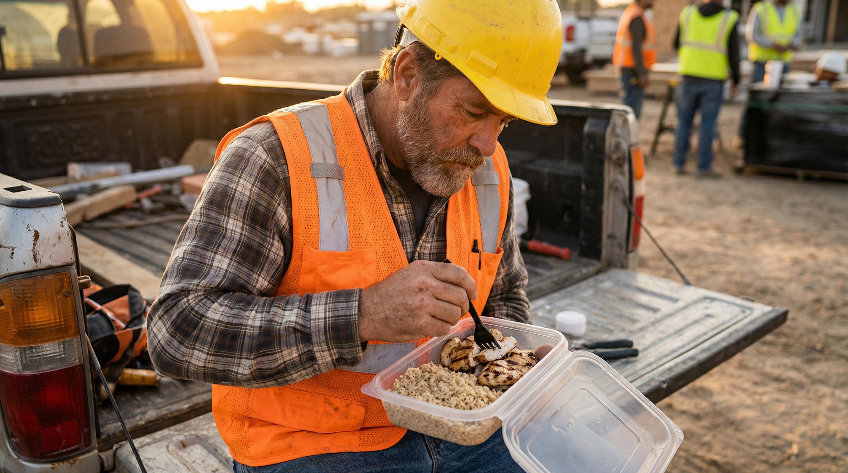Construction worker eating a meal prep during lunch break