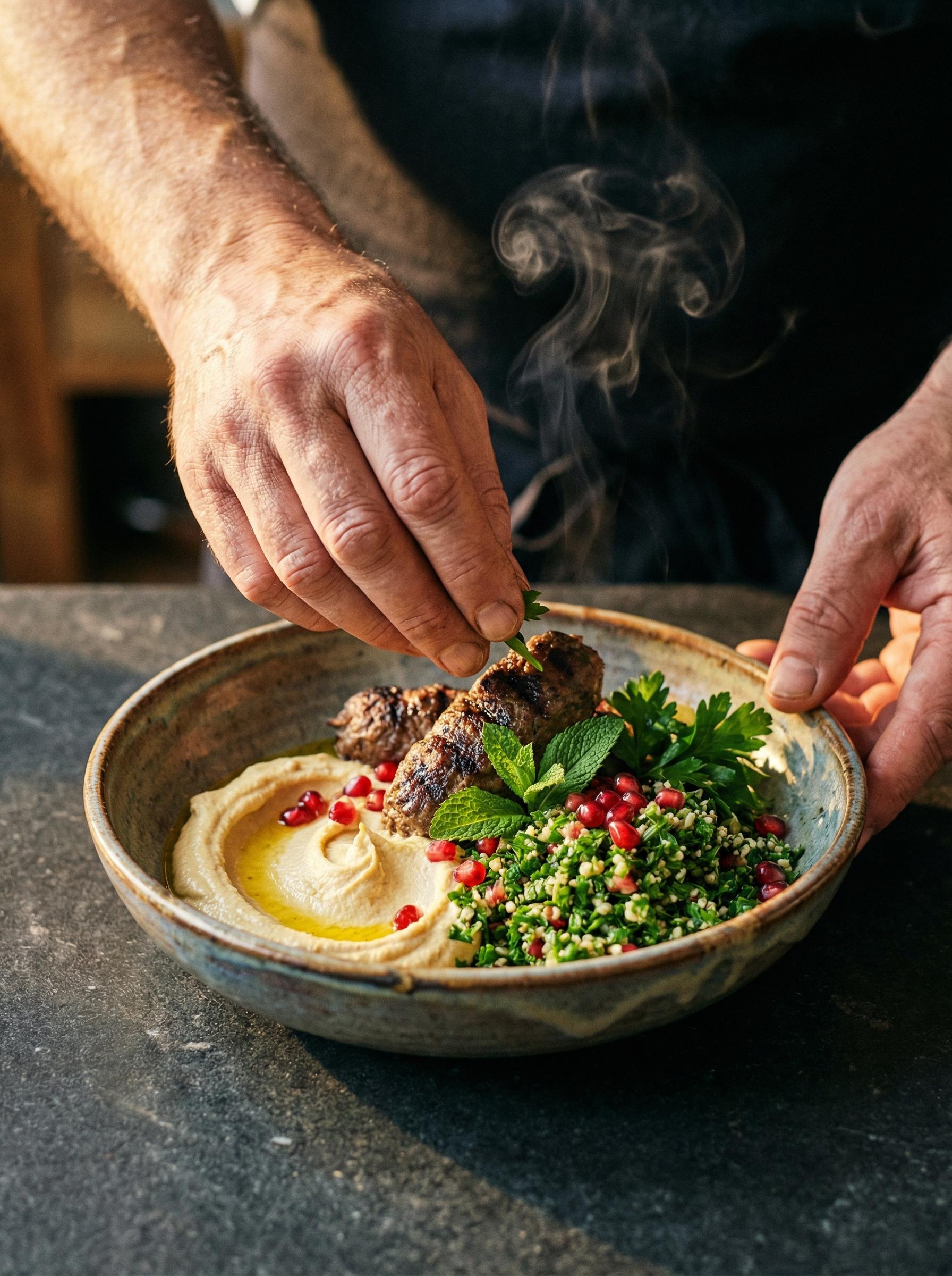 Chef hands plating a Mediterranean bowl with beef shawarma and fresh toppings